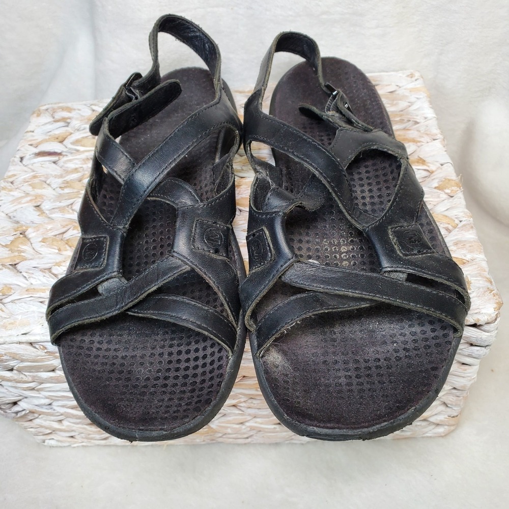 Merrell Strappy Summer‎ Sandals Womens 9 Black Leather Hiking Casual Earthy Vaca